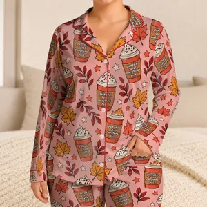 Pumpkin Spice Latte Cups And Maple Leaves For Cozy Autumn Mornings And Fall Getaways Satin Pajamas Set