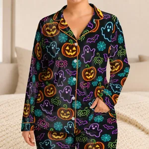 Glowing Halloween Pumpkins, Friendly Ghosts and Bats for Spooky October Nights Satin Pajamas Set
