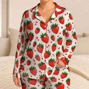 Strawberry And Green Leaf Motif For Sunny Summer Lounging, Girls' Gift Satin Pajamas Set