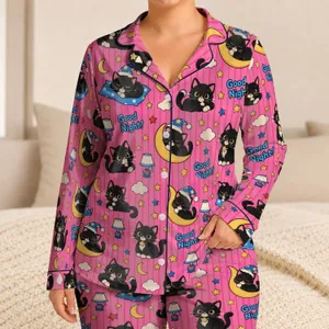 Black Kitten Moon And Pillow Scenes for Cozy Bedtime Evenings and Sleepovers for Girls Satin Pajamas Set