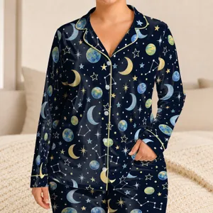 Moon, Crescent And Constellation Motifs For Cozy Bedtime Adventures With Kids Satin Pajamas Set