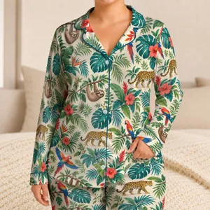 Tropical Parrots, Monstera Leaves and Sloths for Sunny Summer Adventures for Boys Satin Pajamas Set