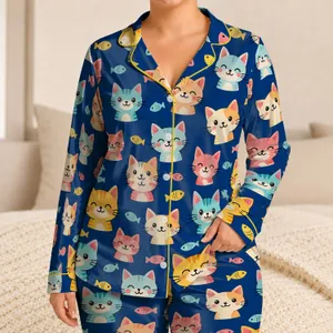 Colorful Cartoon Cat Faces for Cozy Bedtime Comfort and Playful Nights for Young Girls Satin Pajamas Set