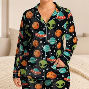 Cute Green Aliens, UFOs and Planets for Cozy Nights with Little Space Explorers Satin Pajamas Set