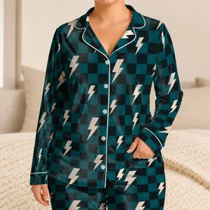 Teal Plaid Lightning Bolts for Cozy Evenings and Bold Everyday Lounging at Home Satin Pajamas Set