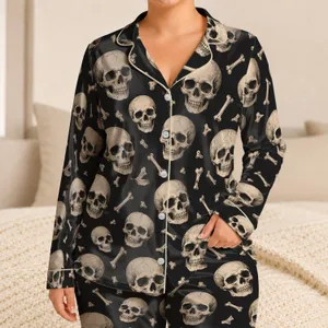 Ivory Skull Motifs for Cozy Nights, Gothic Halloween Lounging and Everyday Comfort Satin Pajamas Set