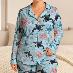 Orca And Manta Ray Ocean Waves For Summer Seaside Adventures For Kids Satin Pajamas Set