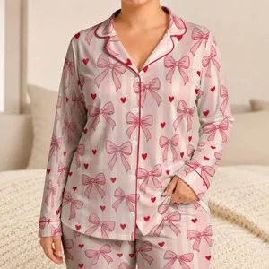 Pink Ribbon Bows and Red Hearts for Sweet Valentine Celebrations and Cozy Family Moments Satin Pajamas Set