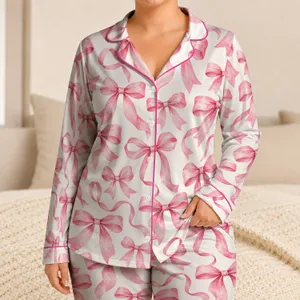 Pink Ribbon Bows for Cozy Evenings and Relaxing, Giftable Moments at Home All Year Satin Pajamas Set