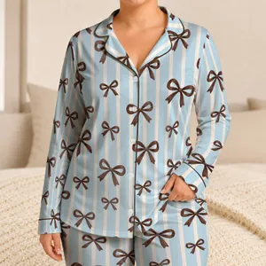 Blue Stripes And Sweet Bowknot Accents For Cozy Everyday Bedtime, Kids And Gifting Satin Pajamas Set