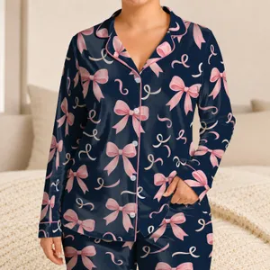 Blush Pink Bows on Midnight Navy for Sweet Birthday Gifts and Cozy Girls' Nights Satin Pajamas Set