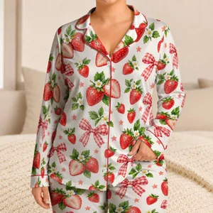 Strawberry And Gingham Bow Motifs For Cozy Family Mornings And Sweet Summer Gatherings Satin Pajamas Set