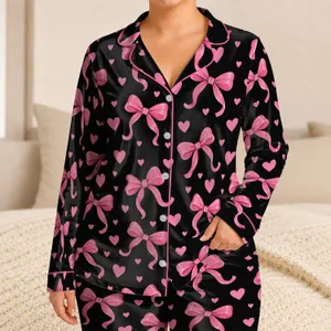 Pink Bowknots And Sweet Hearts For Cozy Evenings And Charming Everyday Lounging Satin Pajamas Set