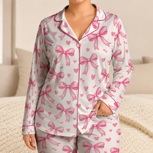 Pink Ribbon Bows and Hearts for Cozy Autumn Evenings and Sweet Gift Giving Satin Pajamas Set