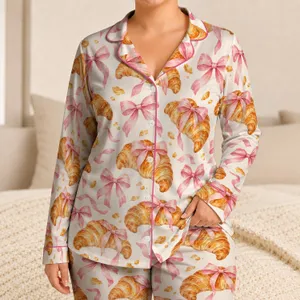 Croissants And Pink Bows For Sweet Weekend Lounging And Cozy Mornings For Kids At Home Satin Pajamas Set