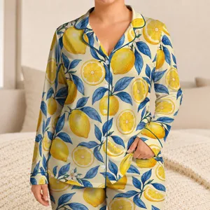 Golden Lemons And Blue Leaves For Sunny Vacation Days And Cozy Home Moments For Kids Satin Pajamas Set