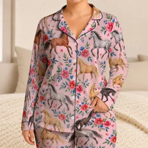 Colorful Horse And Wildflower Motifs For Cozy Bedtime And Girls' Sleepover Gifts Satin Pajamas Set