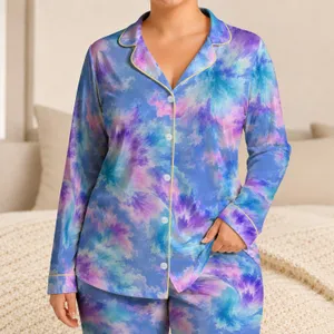 Lavender Blue Tie Dye Swirls for Relaxed Spring Evenings and Dreamy Lounge Style at Home Satin Pajamas Set