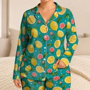 Lemon Citrus and Pink Rose Motifs for Fresh Springtime Lounging and Summer Relaxation Satin Pajamas Set