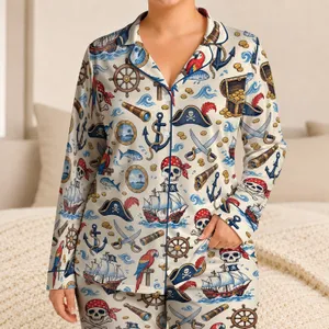 Playful Pirate Treasures for Relaxed Coastal Getaways and Easygoing Summer Nights at Sea Satin Pajamas Set