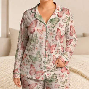 Coral Mint Butterfly Motifs for Cozy Evenings and Relaxed At-Home Lounging Style Satin Pajamas Set