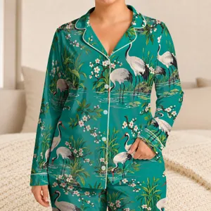 White Crane and Blossom Scenes for Relaxed Coastal Getaways and Quiet Evenings Satin Pajamas Set