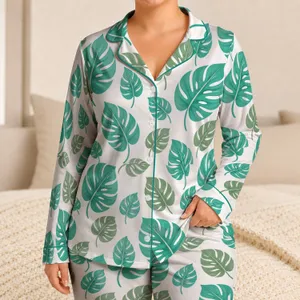 Mint Green Tropical Leaves for Relaxed Coastal Getaways and Everyday Summer Style Satin Pajamas Set