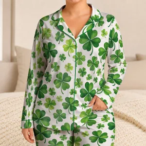 Four-Leaf Clover Greenery for Lucky Getaways and Relaxed Summer Days in Fresh Green Style Satin Pajamas Set