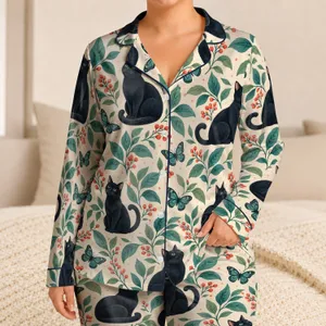 Black Cats, Teal Leaves And Coral Berries For Cozy Forest Lounging Satin Pajamas Set