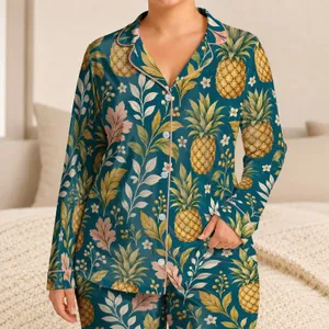Teal Botanical Leaves and Golden Pineapples for Relaxed Spring and Summer Lounging at Home Satin Pajamas Set