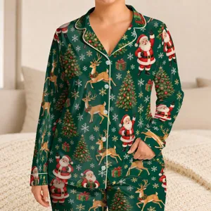 Cheerful Christmas Santa, Reindeer, Gifts and Trees for Cozy Holiday Nights for Women Satin Pajamas Set