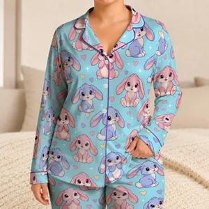 Cute Blue and Pink Baby Rabbits for Cozy Lounging and Sweet Gift Giving Satin Pajamas Set