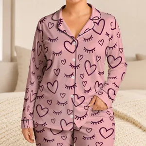 Blush Heart And Eyelash Motifs For Cozy Valentine's Day Lounging Gift For Her Satin Pajamas Set