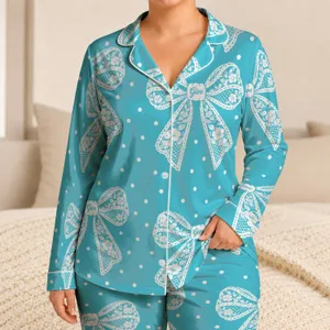 Aqua Polka Dot Bows for Cozy Evenings and Sweet Vintage-Inspired Gift Style at Home Satin Pajamas Set