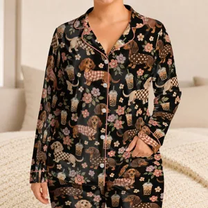 Dachshund and Bubble Tea Companions for Cozy Evenings and Dog-Loving Gift Seekers Satin Pajamas Set