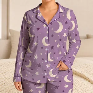 Soft Lavender Crescent Moons and Stars for Cozy Bedtime Calm and Dreamy Evenings Satin Pajamas Set