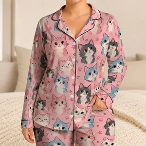 Playful Cat Faces for Cozy Evenings and Whimsical Lounging at Home for Cat Lovers Satin Pajamas Set