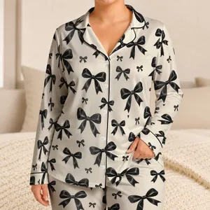 Classic Black Ribbon Bows for Cozy Autumn Evenings and Elegant Everyday Lounging Satin Pajamas Set