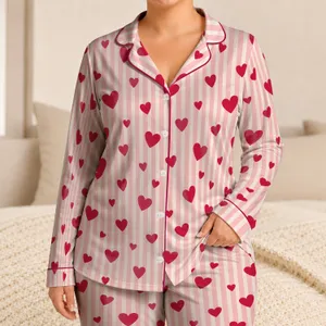 Blush Pink Stripes and Crimson Hearts for Romantic Valentine's Day Gifting and Cozy Nights Satin Pajamas Set