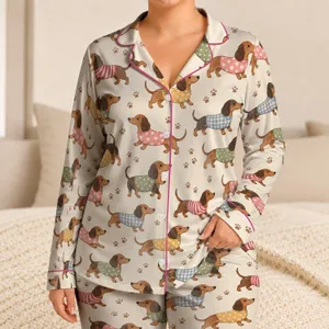 Playful Sweater-Wearing Dachshunds for Cozy Nights and Sweet Dreams Satin Pajamas Set