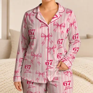 Pink 67 Stripes and Ribbon Bows for Cozy Weekend Lounging and Sweet Gift Giving Style Satin Pajamas Set
