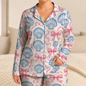 Blue Seashells and Pink Ribbon Bows for Romantic Coastal Valentine's Day Gifts for Her Satin Pajamas Set