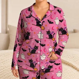 Pink Halloween Cats, Ghosts and Bats for Cozy October Nights and Festive Gifting Satin Pajamas Set