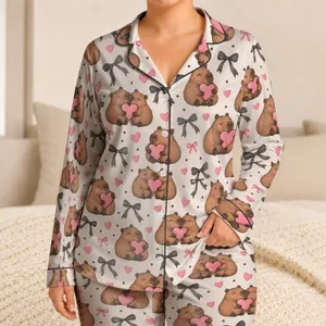 Charming Capybara Sweetheart Bows and Pink Hearts for Valentine's Day Gift Giving Satin Pajamas Set