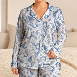 Blue Mermaid Ocean Motifs for Dreamy Coastal Evenings and Relaxed Summer Nights Satin Pajamas Set