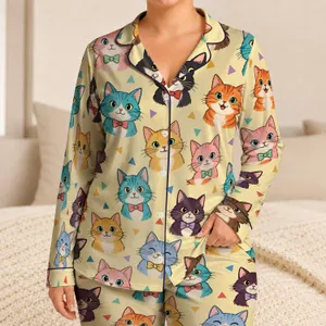 Colorful Cartoon Cat Faces for Cozy Evenings and Playful Lounging at Home for Her Satin Pajamas Set