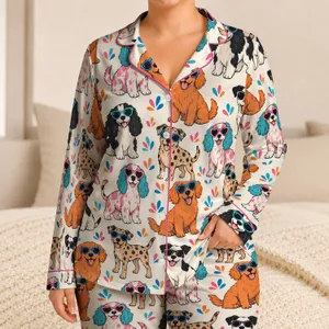 Sunglasses-Wearing Dogs for Playful Valentine Gifting and Cozy Weekend Lounging Satin Pajamas Set
