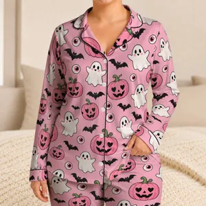 Cute Pink Halloween Ghosts and Heart-Eyed Pumpkins for Cozy October Nights at Home Satin Pajamas Set