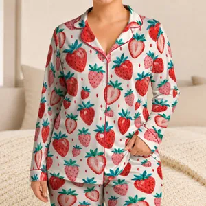 Strawberry And Pink Berry Motifs For Cozy Nights At Home Satin Pajamas Set