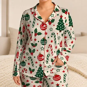 Red And Evergreen Christmas Ornaments, Candy Canes & Holly For Cozy Holiday Gifting Satin Pajamas Set